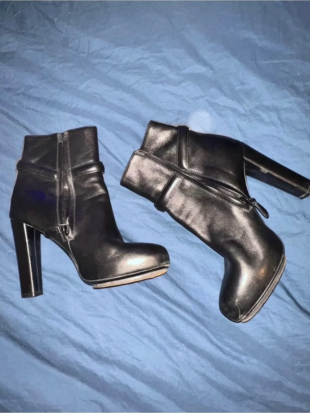 Balenciaga Black Leather Platform Ankle Booties with Gold-Tone Buckle